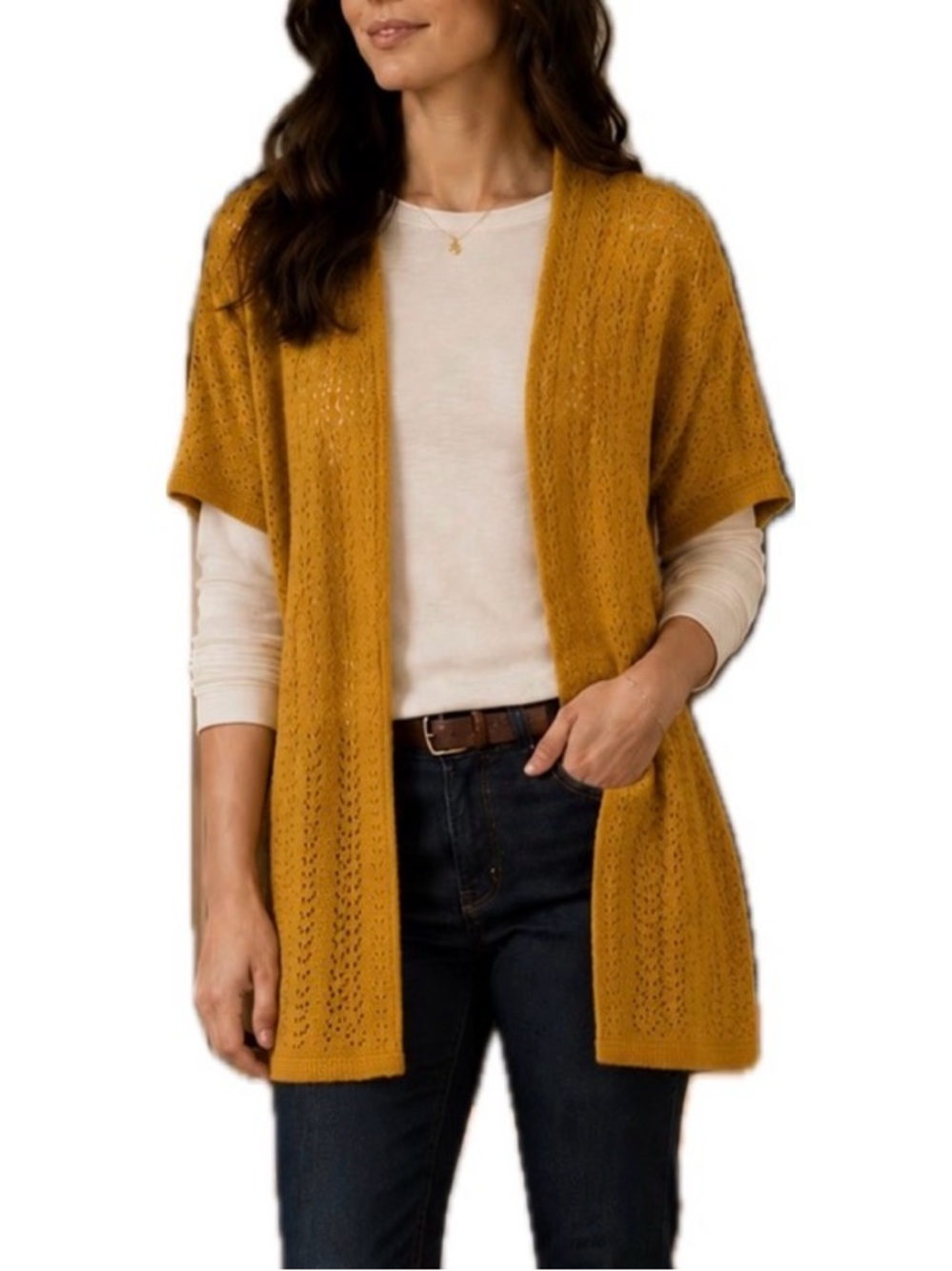 H&M Women's Yellow Solid Open Knit Open Front Cardigan Sweater‎ Short Sleeve XL